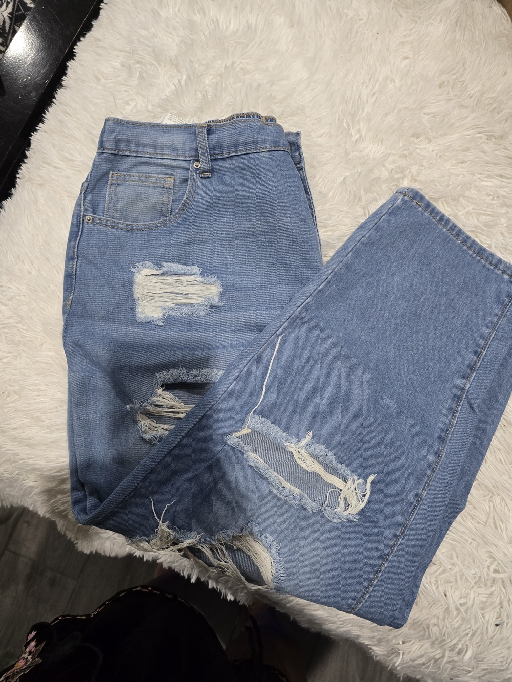 SHEIN Curve 1XL Distressed Ripped Jeans Light Wash Elastic Waist Relaxed Fit